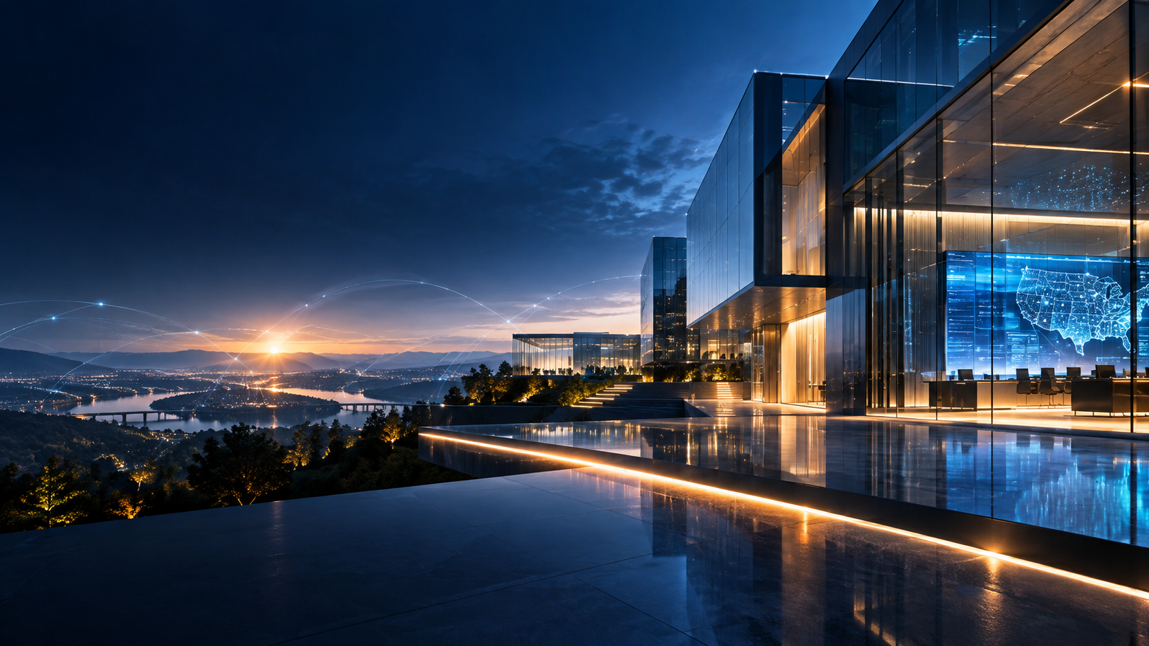 Illuminated glass technology campus overlooking a connected landscape